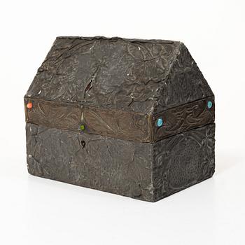 A pewter and copper jewellery box,  with inlaid stones, France, probably circa 1900.