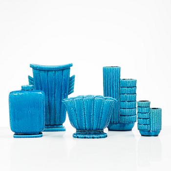 Gunnar Nylund, a set of five chamotte stoneware vases, Rörstrand 1930s-40s.