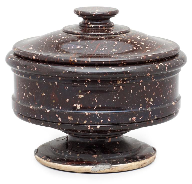 A Swedish Empire 19th century porphyry jar with cover.