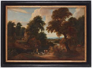 Gaspar de Witte Circle of, Extensive landscapes with figures beside a village, a pair.