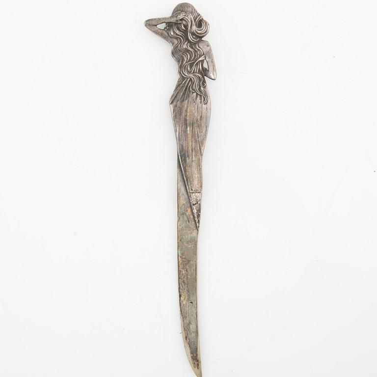 Fotoram, brevöppnare och sigill Jugend tidigt 1900-tal tenn och nysilver.