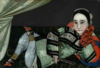 Glasmålningar, ett par, Kina, 1900-tal.