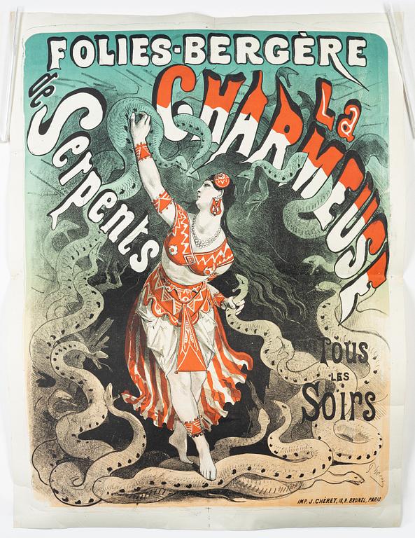 Jules Chéret, litografisk affisch, "La Charmeuse de Serpents", Imp, J. Cheret, Paris, Frankrike, 1875.