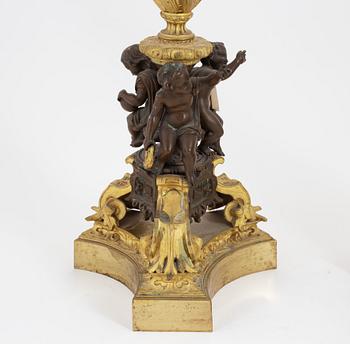 A pair of patinated bronze and ormolu neo-renaissance six-light candelabra, later part of the 19th Century.
