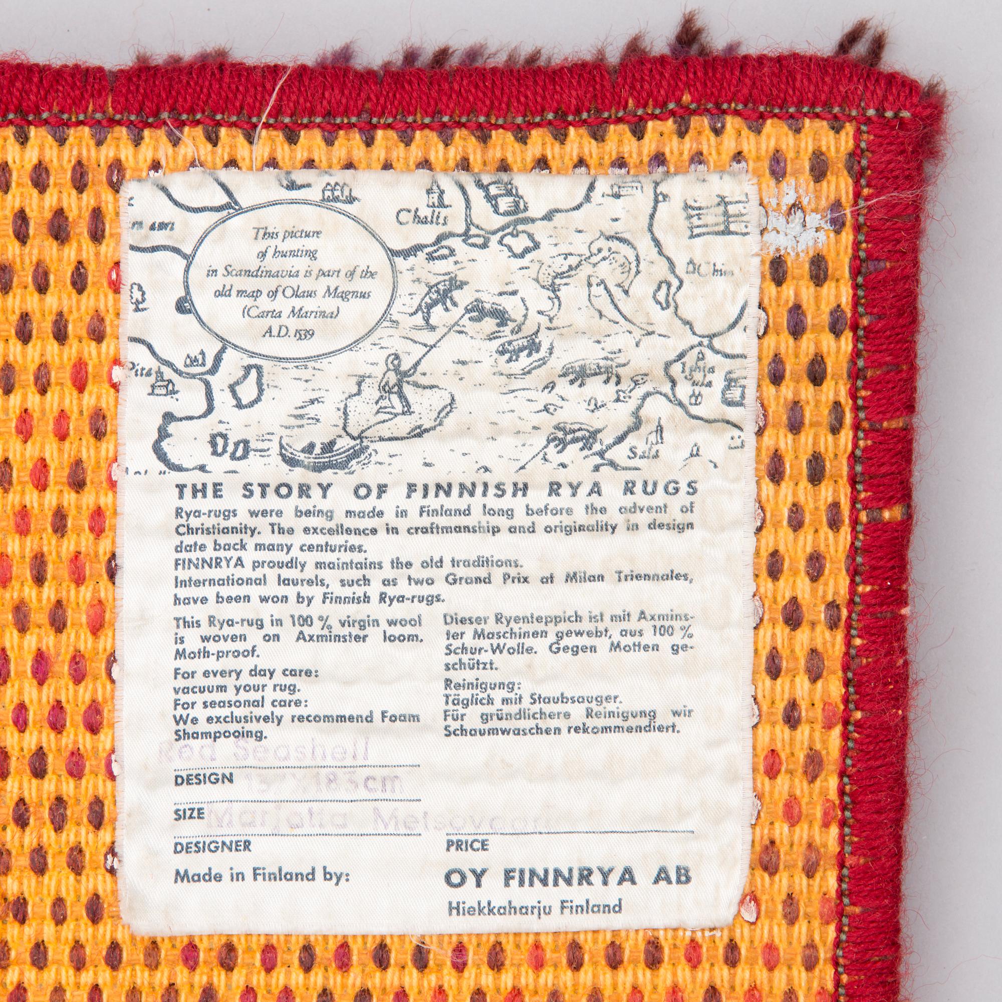 MARJATTA METSOVAARA, ryijymatto, Oy Finnrya Ab. Noin 175x135 cm.