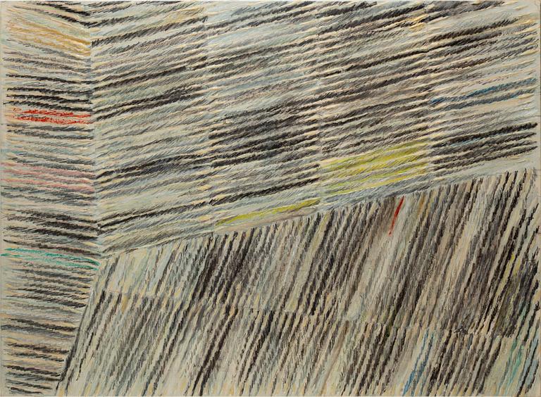 Lenore Malen, acrylic and crayon on canvas, vague signature on the back.