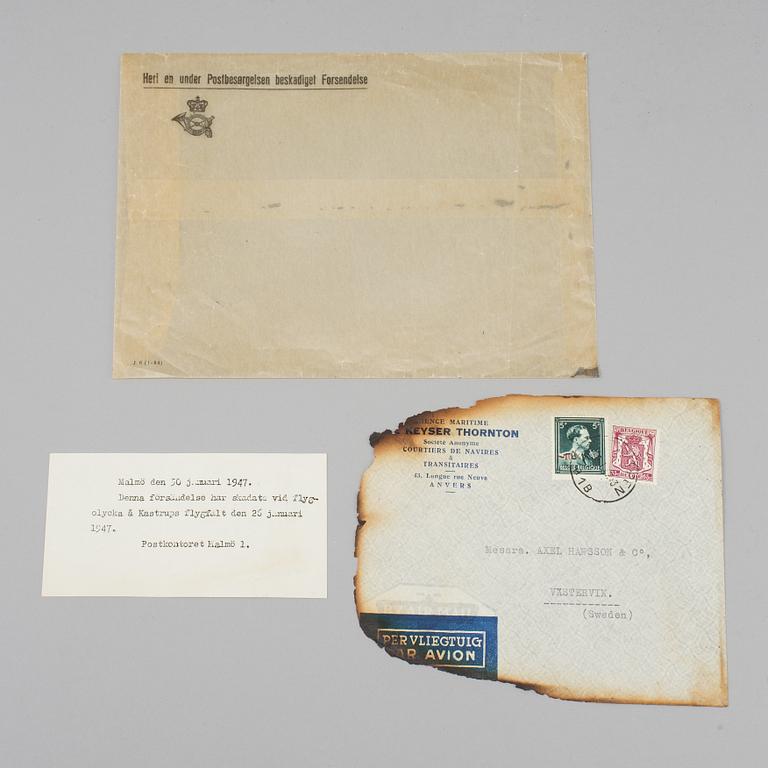 KUVERT härrörande från flygkraschen på Kastrup, Danmark 26 januari 1947 där bl a Kronprins Gustav Adolf förolyckades.