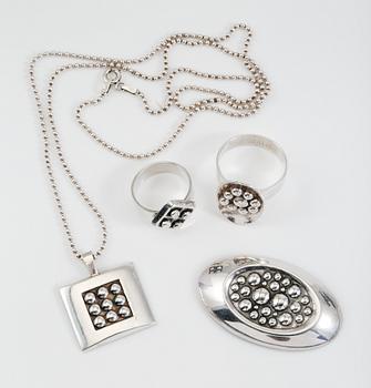 HALSBAND, RINGAR, 2 st, SAMT BROSCH, silver, svenska och finska stämplar.