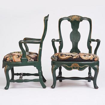 A pair of Swedish Rococo armchairs, second part of the 18th century.