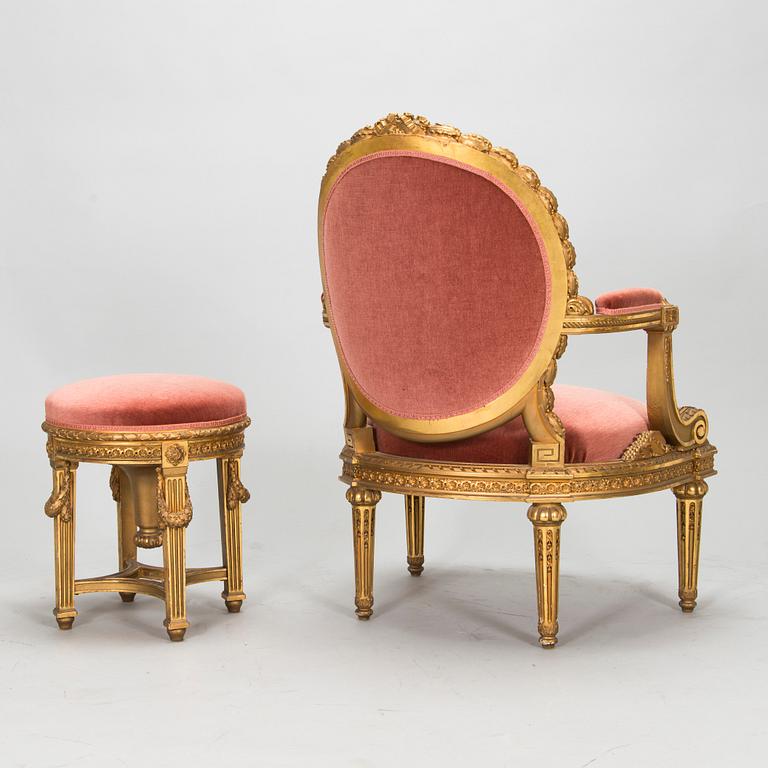 Armchair and stool, Louis XVI style, circa 1900.