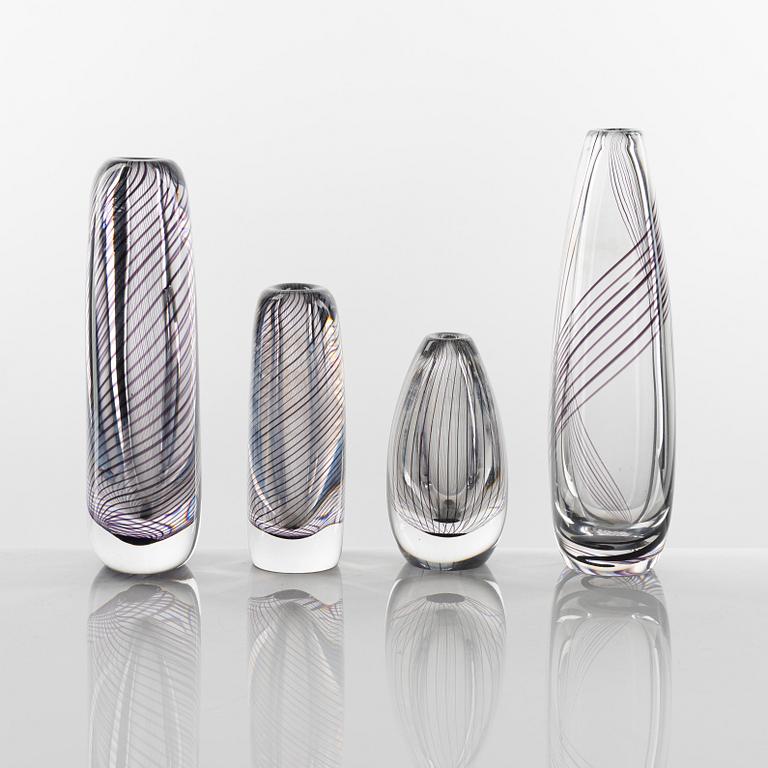 Vicke Lindstrand, four glass vases, Kosta.