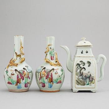 A pair of famille rose vases, and a tea pot, Qing dynasty, 19th Century and circa 1900.