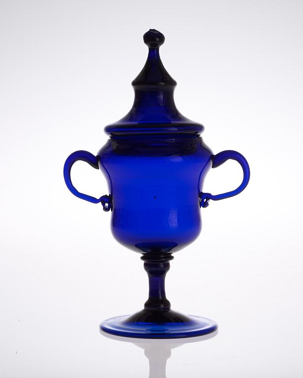 A blue glass jar with cover, 18th Century, presumably Norweigan and Hurdahl manufactory.