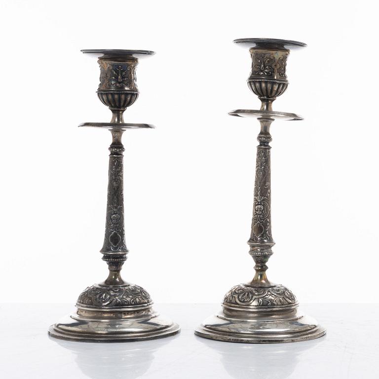 A pair of Swedish silver Renaissance-revival candlesticks, mark of CG Hallberg, Stockholm 1883.