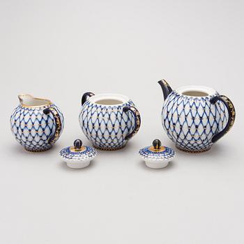 A 9-piece 'Cobalt net' porcelain tea set from Lomonosov, USSR.