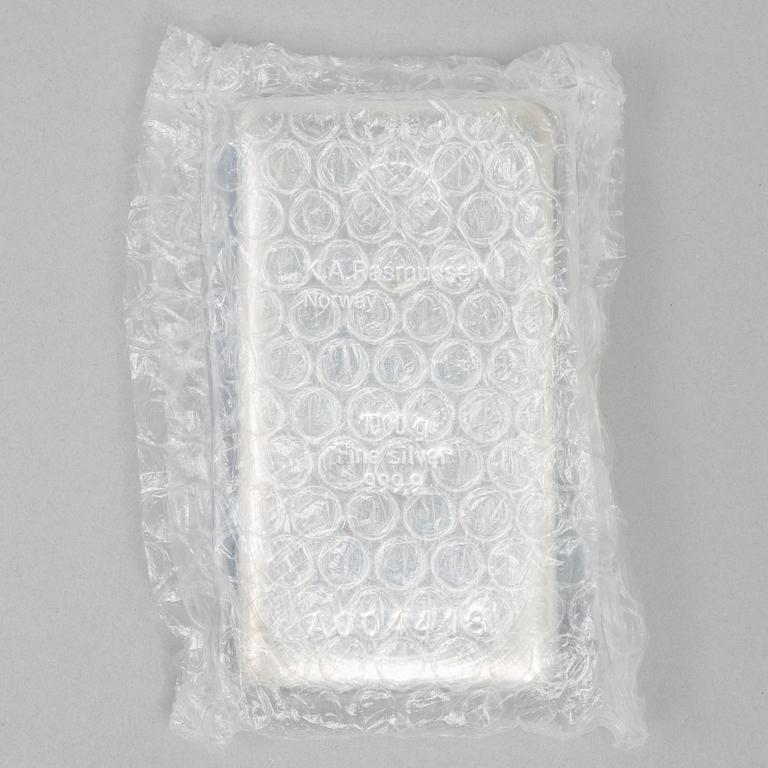 A silver bar, 1000 grams of fine silver, K.A. Rasmussen, Norway.