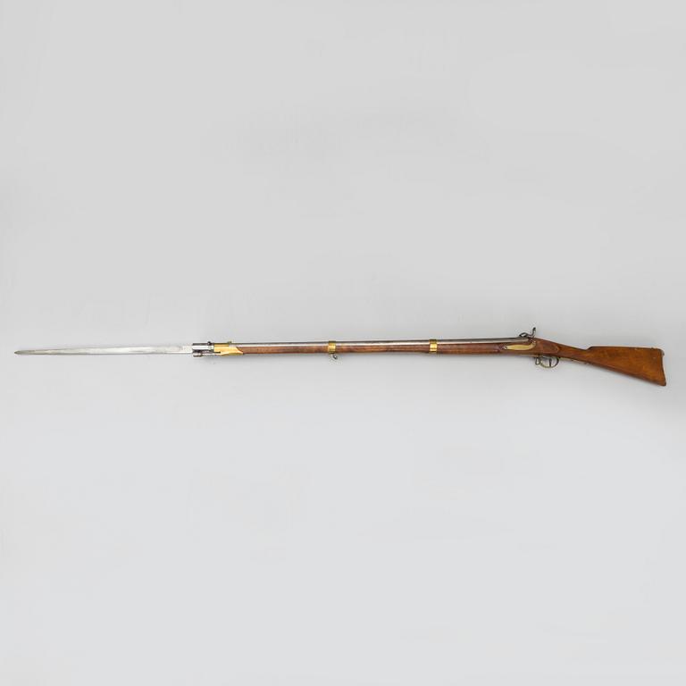 A Swedish percussion rifle 1845 pattern with bayonet.