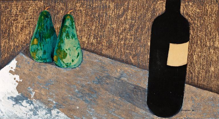 Otto G Carlsund, Still life with bottle and green pears.