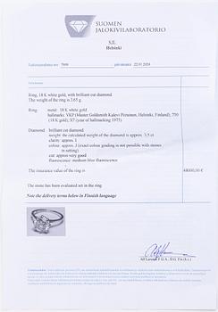 Ring, 18K vitguld, briljantslipad diamant ca 3.5 ct. Kalevi Piirainen, Helsingfors 1975.