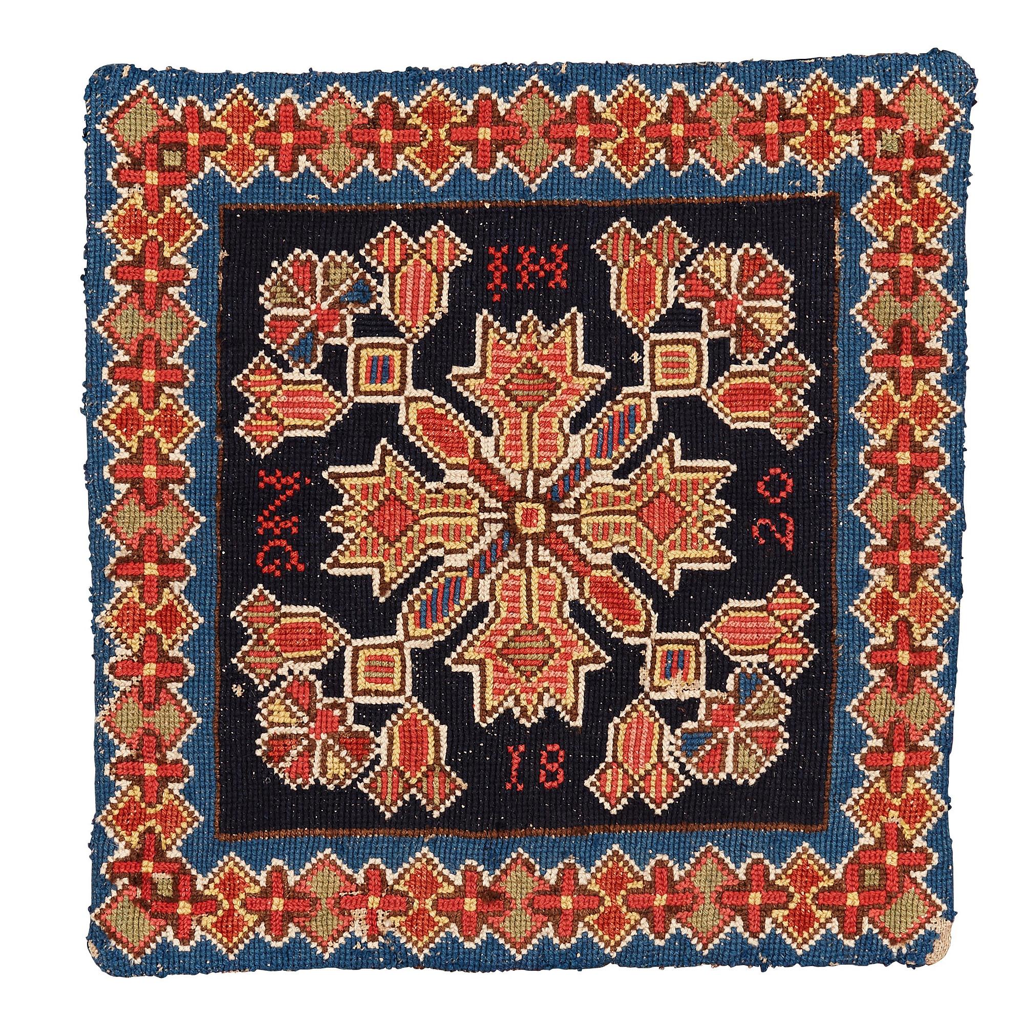 A cushion, embroidered, ca 42 x 40-41 cm, signed and dated HI NG 1820, Scania.