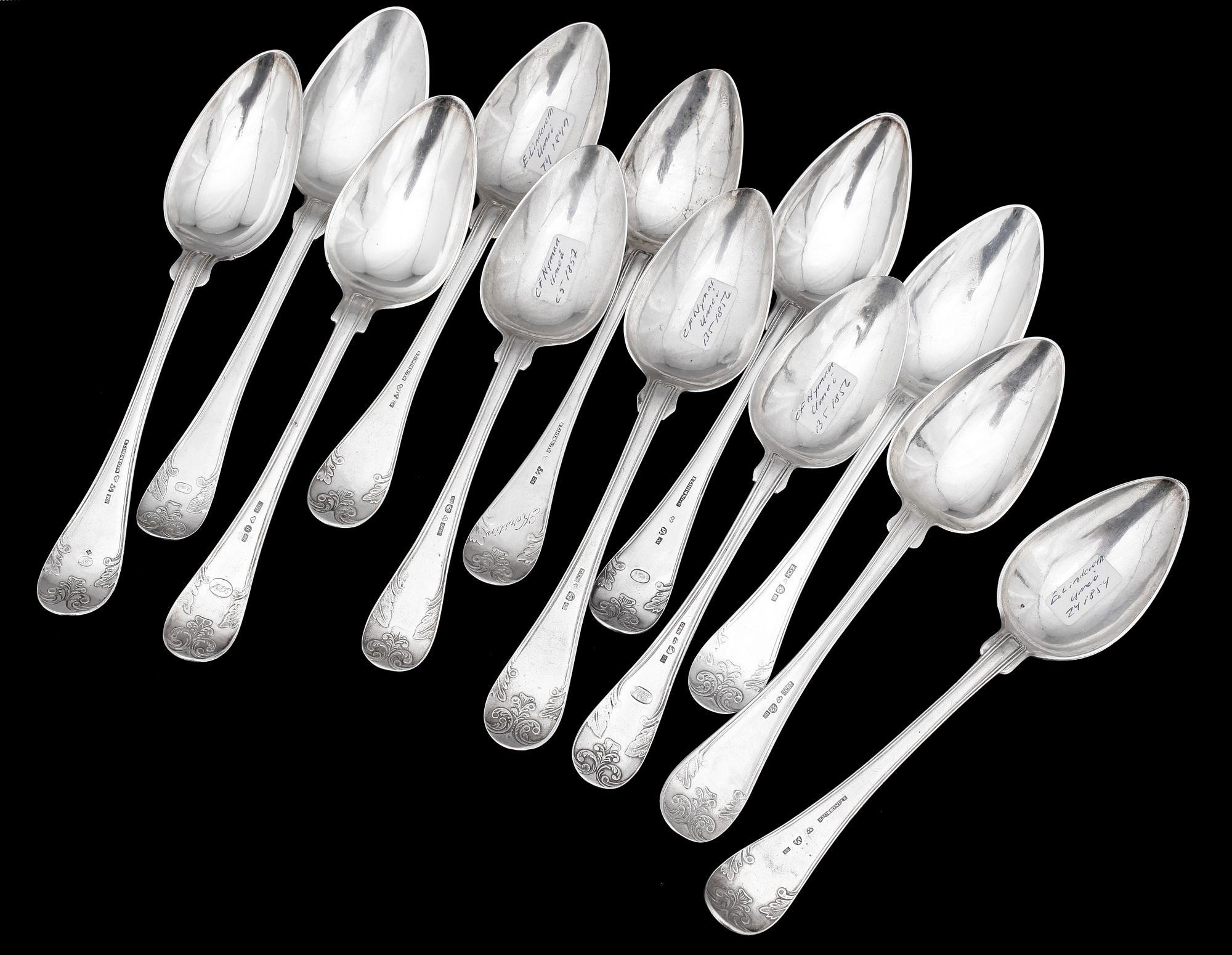 MATSKEDAR, 12 st, silver, Sverige, bl.a. Umeå, 1800-tal. Tot vikt ca 645 gram.