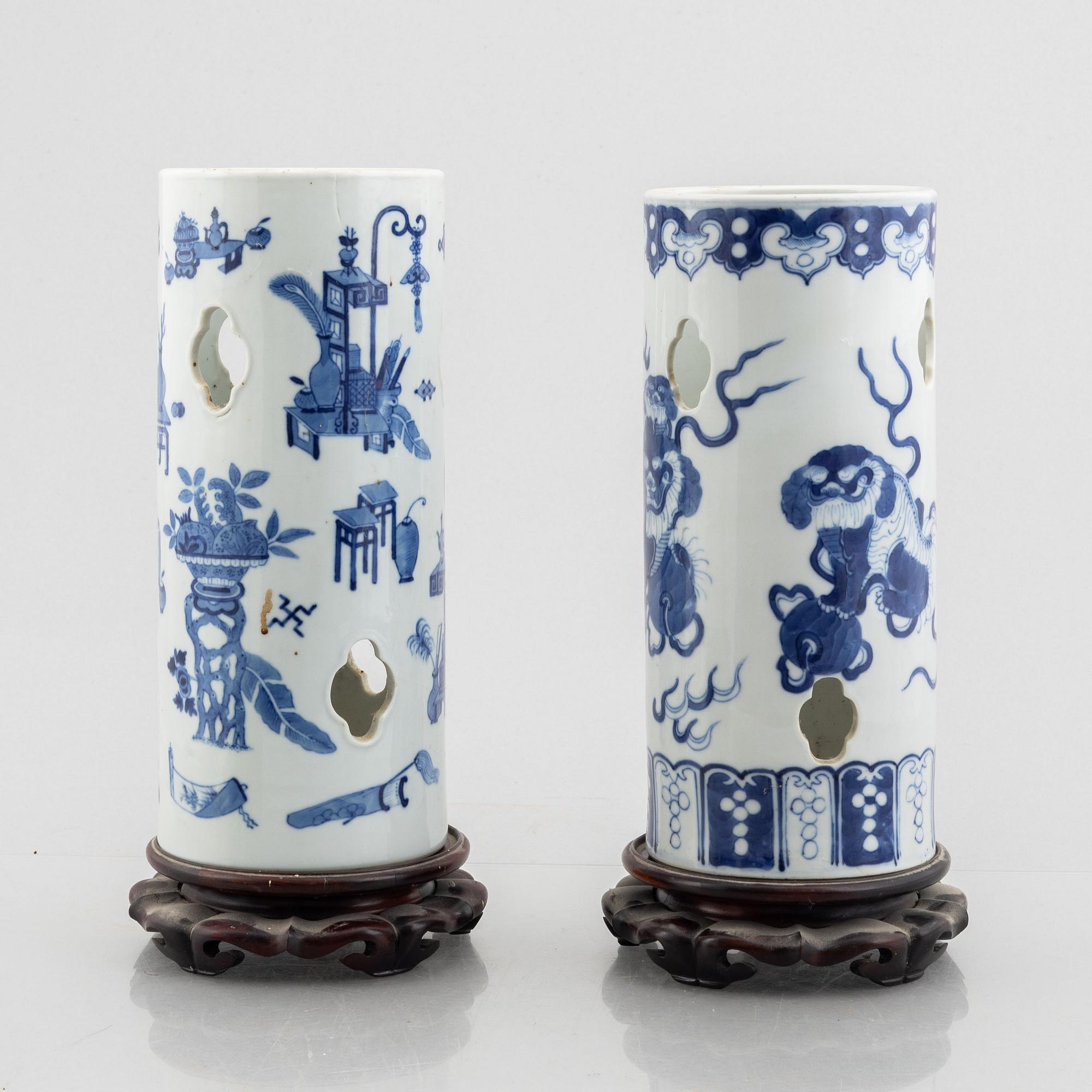 Two Chinese blue and white porcelain hat stands, Qing dynasty, 19th century.