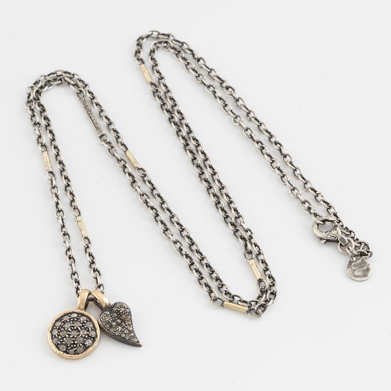 By Birdie, necklace with two pendants, silver with rose cut diamonds.