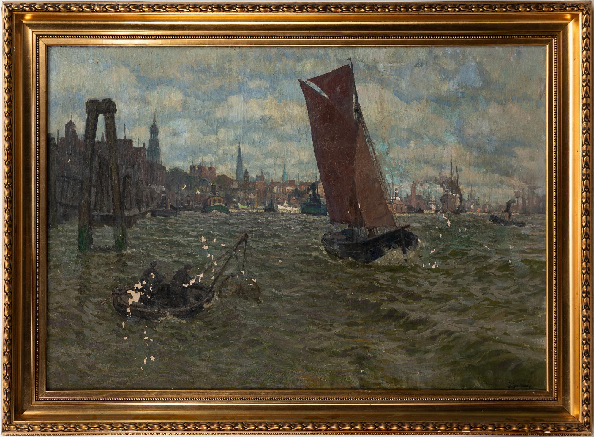 Okänd konstnär, Tyskland, signerad Scherdman, Hamnmotiv.