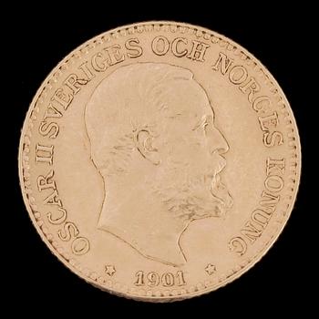 MYNT, 23k guld, 10 kronor, Oscar II, Sverige och Norge 1901. Vikt ca4,5g.
