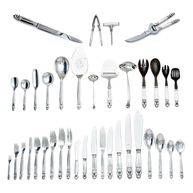 Georg Jensen, a set of 133 pieces of  'Acorn' sterling silver and stainless steel flatware, design Johan Rohde, Copenhagen after 1945.
