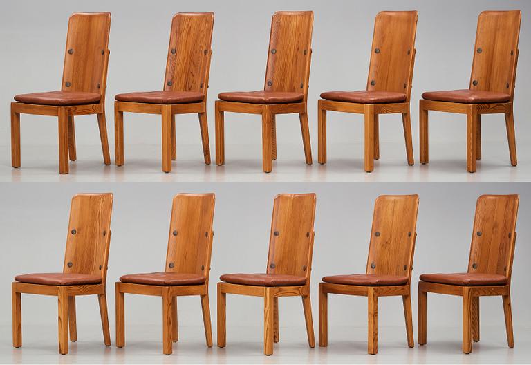 Axel Einar Hjorth, a set of ten "Lovö" stained pine dining chairs, Nordiska Kompaniet, Sweden 1930's.