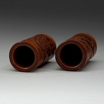 A pair of finely carved small Bamboo brushpots. Qing dynasty 19th century.