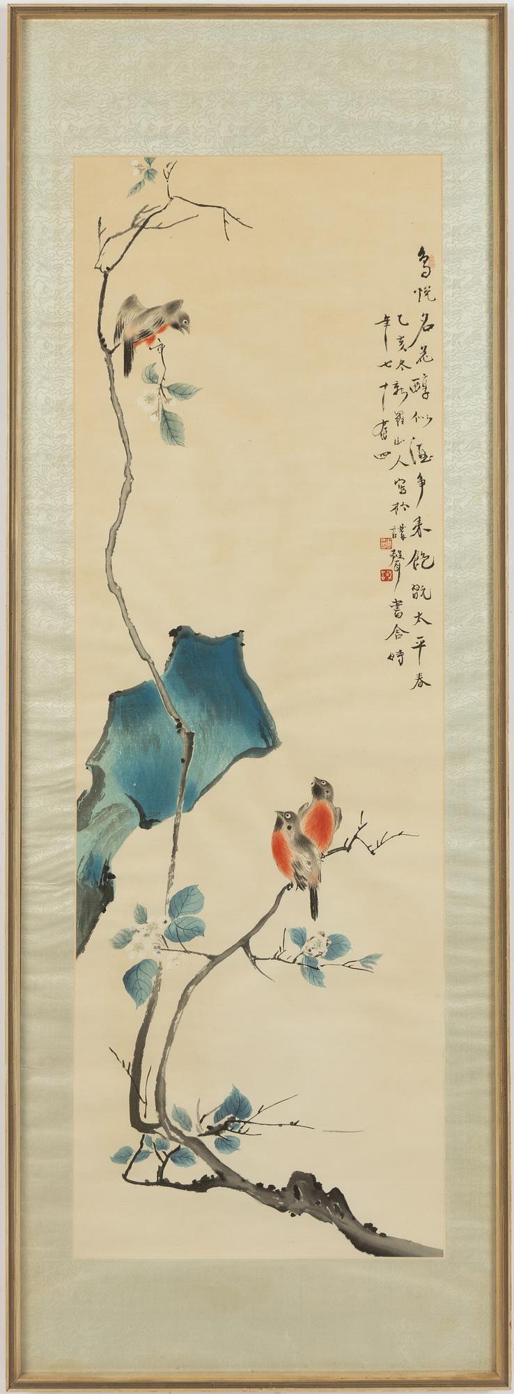 A Chinese painting by an anonymous artist, "Birds in a garden", 20th century.