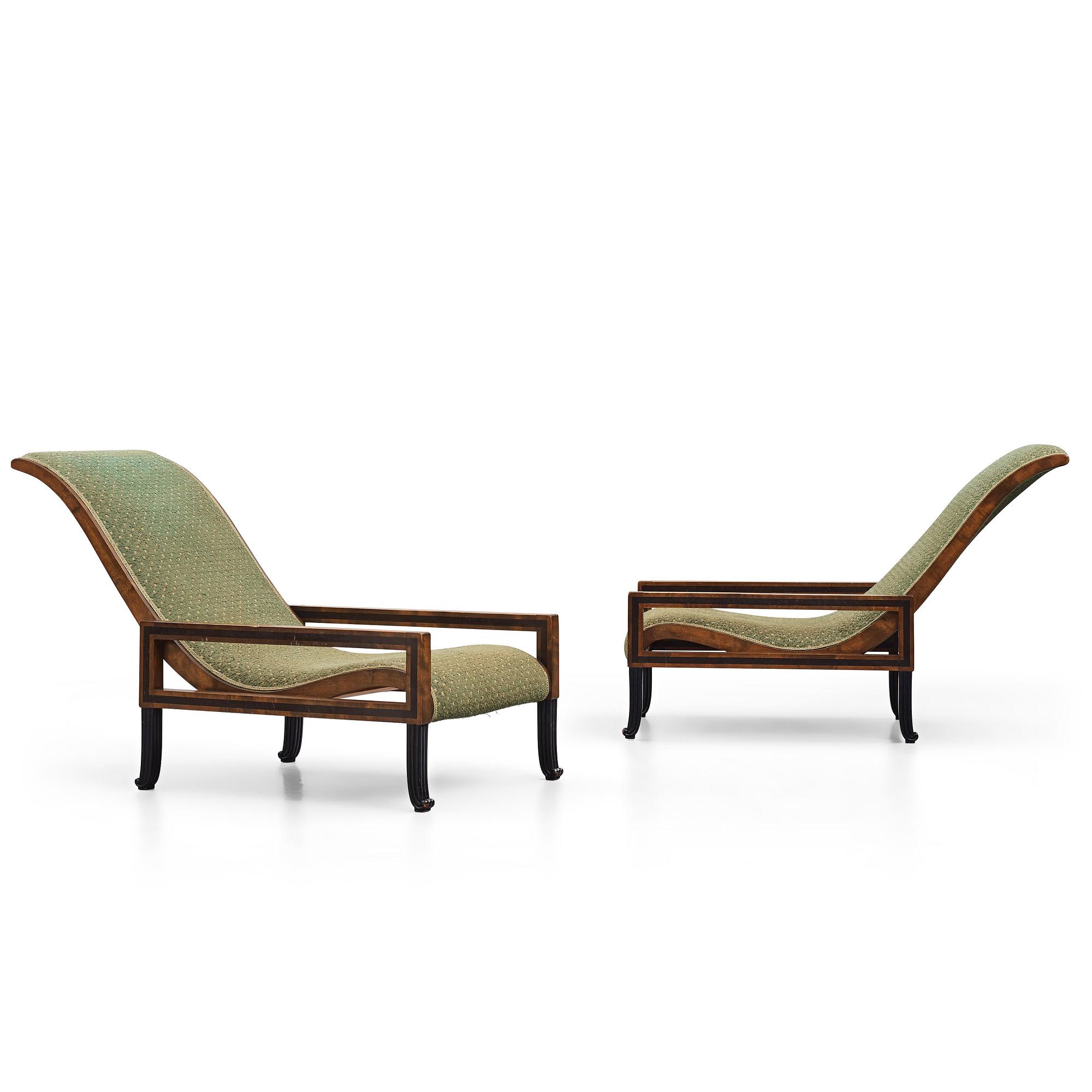 Carl Hörvik, a pair of mahogany-stained birch lounge chairs, Swedish Grace 1920s.