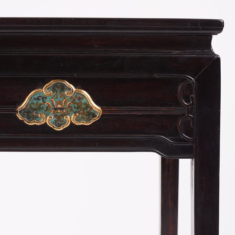 A Chinese zitan altar table with cloisonné placques, Qing dynasty, Qianlong period (1736-1795).