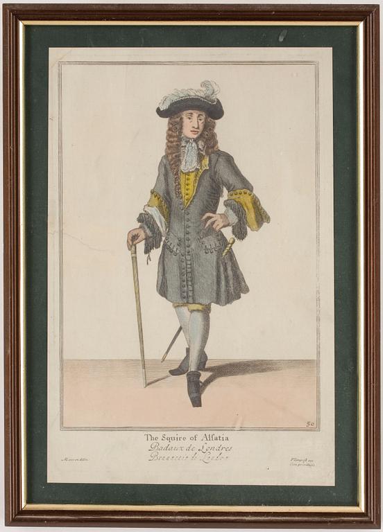 GRAVYRER, 2 st, handkolorerade, 1700-tal.