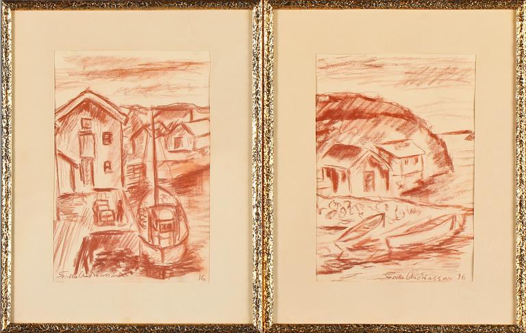 FOLKE ANDREASSON, rödkritor, ett par, signerade och daterade -36.