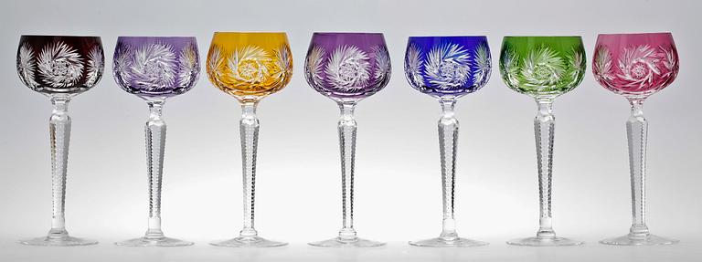 VINGLAS, 7 st, Böhmiskt glas tidigt 1900-tal.