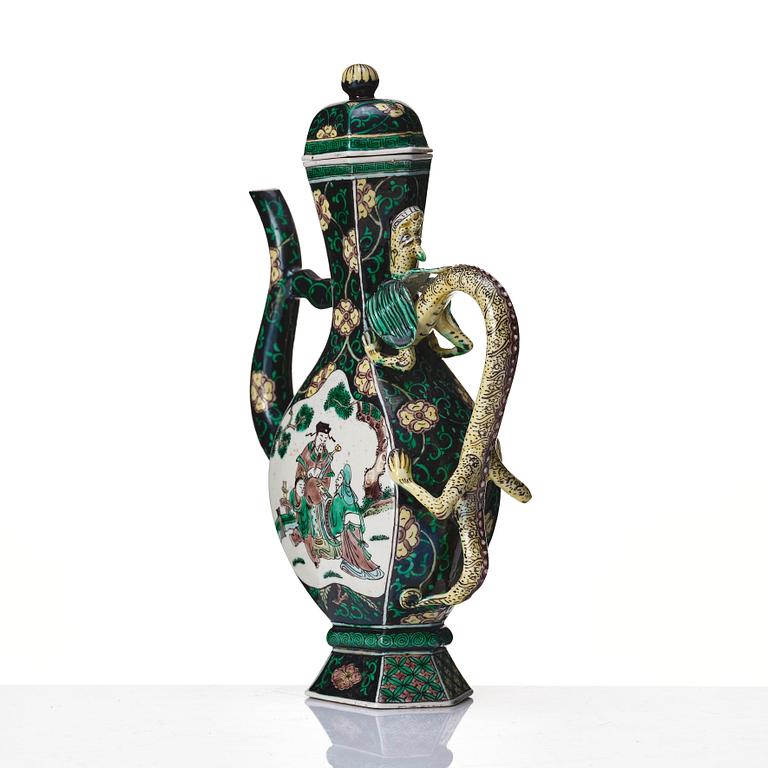 A famille noire ewer with cover, Qing dynasty, 19th Century with Kangxi six character mark.