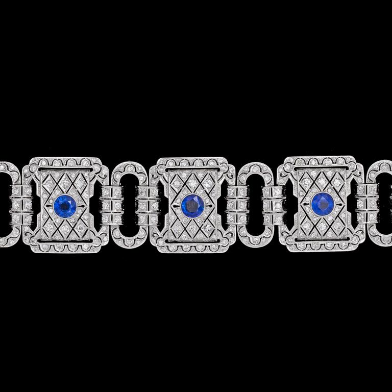 An Art Deco blue sapphire and diamond bracelet, 1930's.
