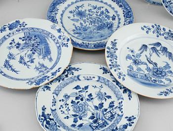 Nine blue and white dinner plates, Qianlong (1736-95).