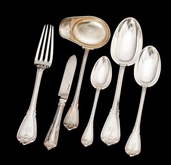 BESTICK, servisdelar, 60 st, silver, "Greque", mest Lars Larson & Co, Göteborg 1860-70-tal. Totalvikt ca 3500 gram..