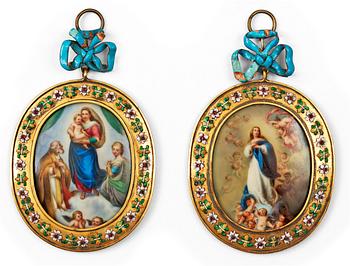 1354. A pair of porcelain miniature paintings in gilt enamelled frames, 19th Century.