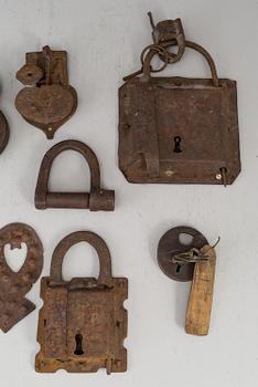 10 iron locks and fittings, mostly 19th century.