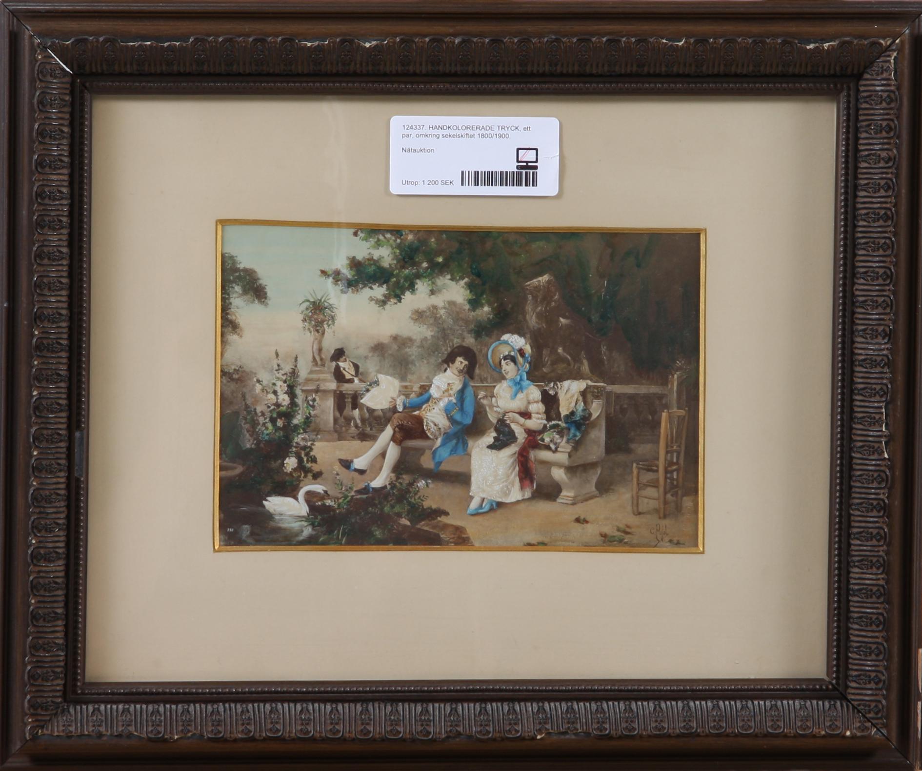 HANDKOLORERADE TRYCK, ett par, omkring sekelskiftet 1800/1900.