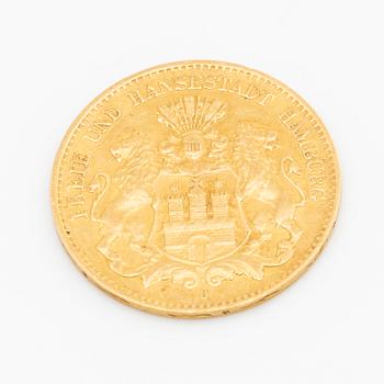 A 10 mark gold coin, Freie und Hansastadt Hamburg, 1898.