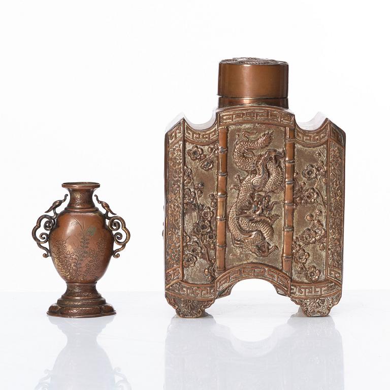 A silvered copper alloy tea caddy and a gilded copper alloy vase, unidentified makers, 19th Century.