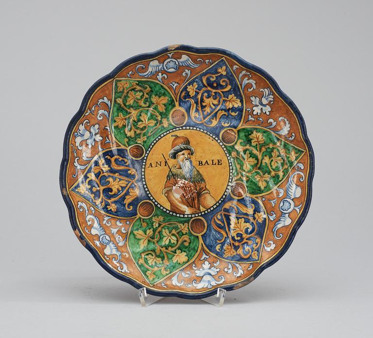 An Italian 'istoriato' maiolica crespina, 19th Century.