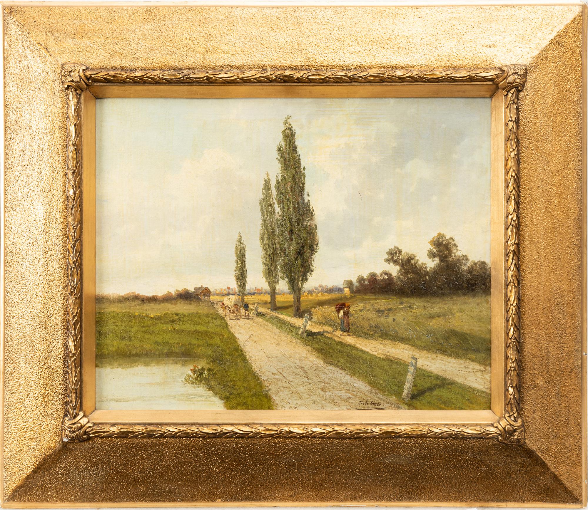 Unknown artist, 19th century, Country road with figures and poplars.