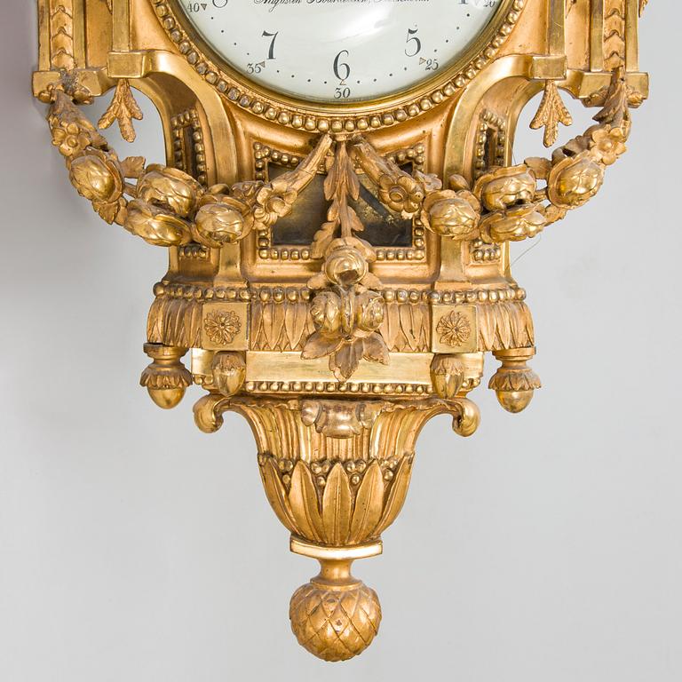 A signed Gustavian wall clock by Augustin Bourdillon (active in Stockhom 1761-1799).